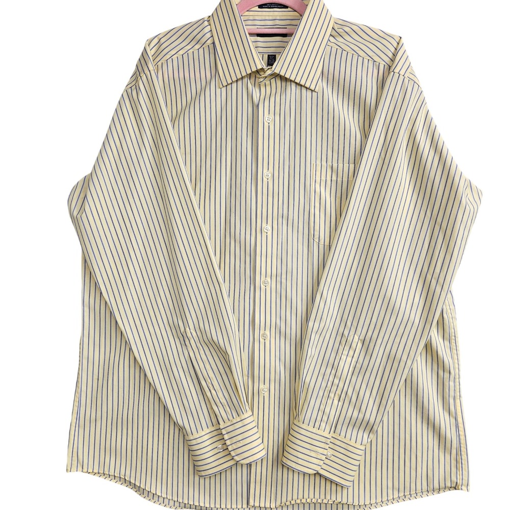 IZOD Mens Slim Fit Easy Care Striped Dress Shirt Yellow Blue 17.5 34/35 XL